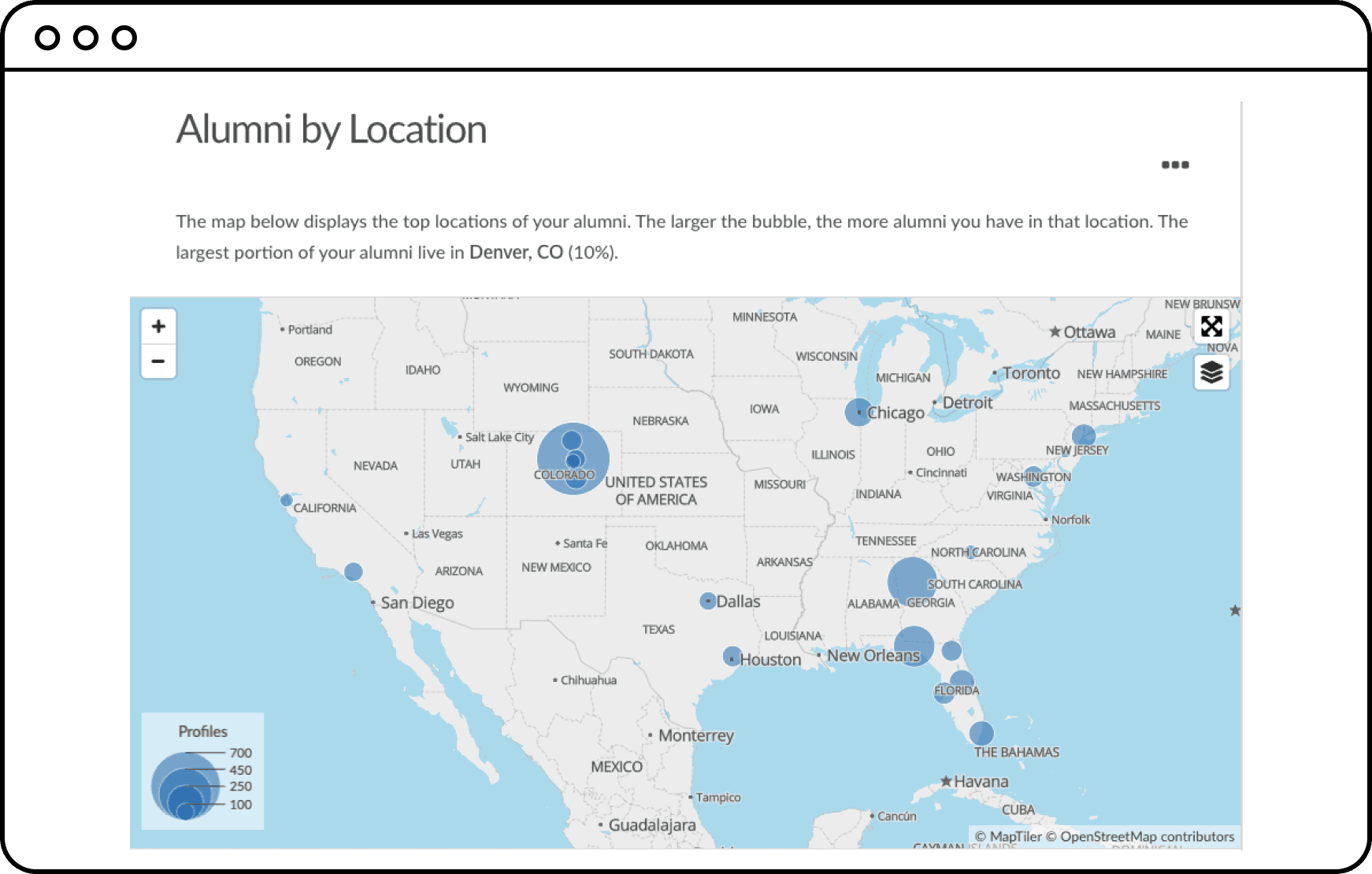 alumni location map within the alumni pathways software